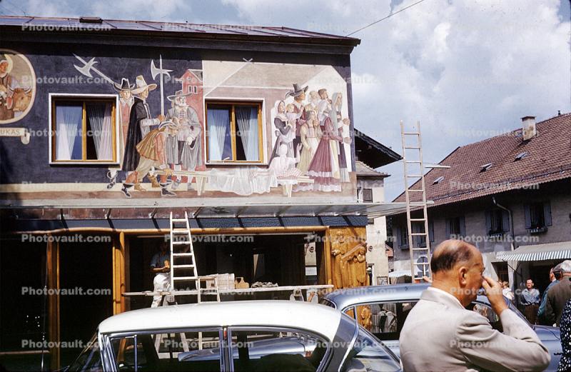 Oberammergau, Bavaria, Garmisch-Partenkirchen, L?ftlmalerei, Fairytale, Wall Art, Luftlmalerei, wall-painting, August 1959