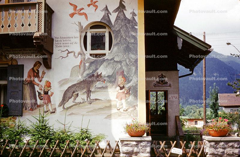Little Red Riding Hood, Wolf, Oberammergau, Bavaria, Garmisch-Partenkirchen, L?ftlmalerei, Fairytale, Wall Art, Luftlmalerei, wall-painting, August 1959
