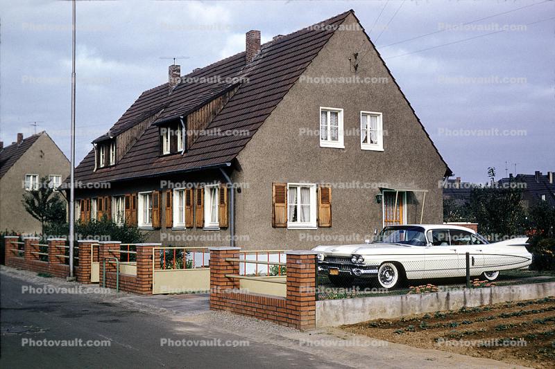 White Finned 1959 Cadillac, Whitewall Tires, car, Moers, Germany, August 1959, 1950s