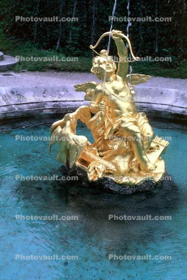 Golden Statue, bow and arrow, angel, gilded, Water Fountain, aquatics, Cupid, Linderhof Palace, Schloss, Museum, Ettal, Bavaria
