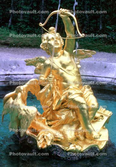 Golden Cupid Statue, Water Fountain, aquatics, Bavaria, Linderhof Palace, Schloss, Museum, Ettal