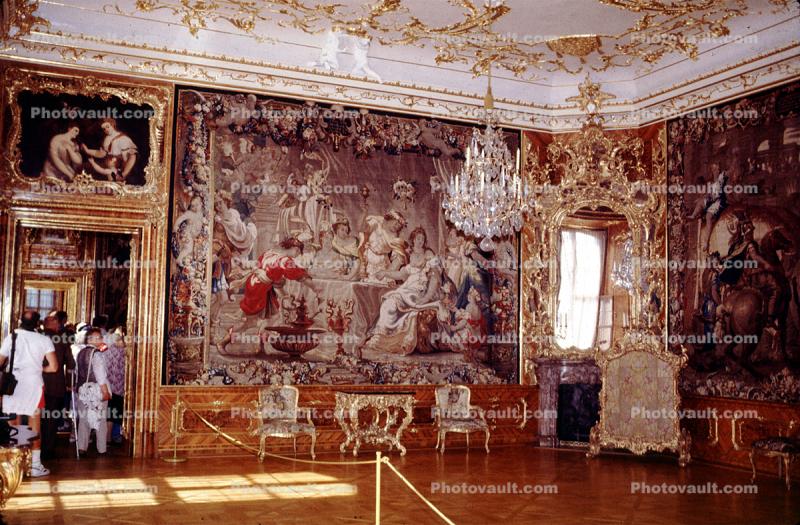 Mural, Chandelier, ornate room, decorated, chairs