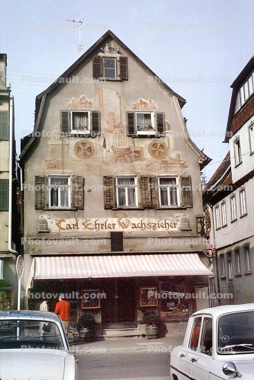 Carl Eheler, building, store, wall paintings, Bad Mergentheim, Baden-W?rttemberg, Stuttgart, Main-Tauber-Kreis, Germany, October 1969, 1960s