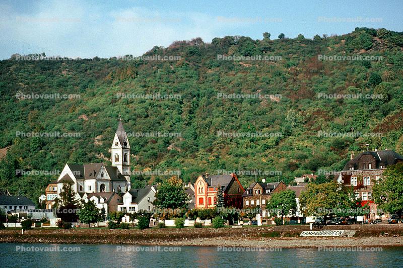 Kampbornhofen, Church, Homes, Houses, Village, Town, Hill, Mountain, Rhine River Gorge, (Rhein), Rhine River