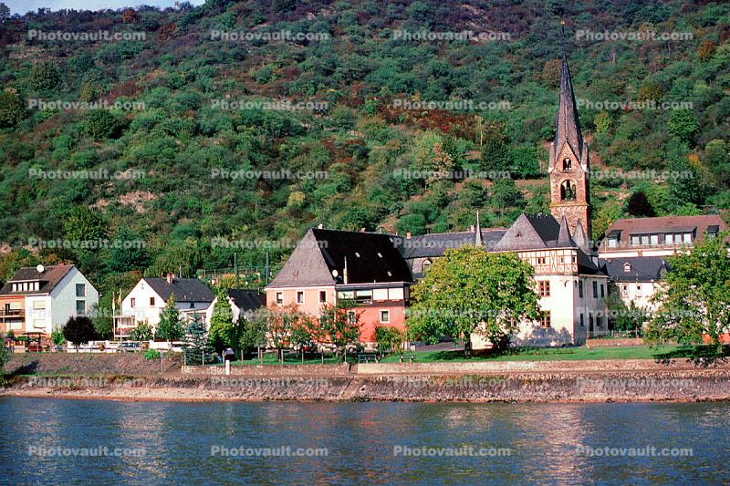 Kampbornhofen, Church, Homes, Houses, Village, Town, Hill, Mountain, Rhine River Gorge, (Rhein)