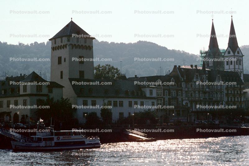 Irene, Dock, Tower, Church, Homes, Houses, Village, Town, Hill, Mountain, Rhine River Gorge, (Rhein), Rhine River