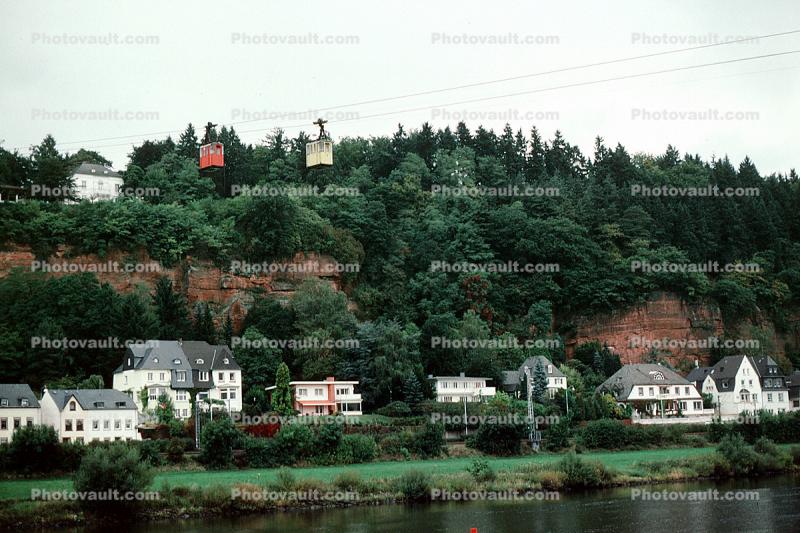 riverside, village, town, buildings, homes, trees, forest, Mosel River