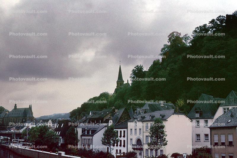 Town, village, buildings, church, hill, mountain, Saarburg