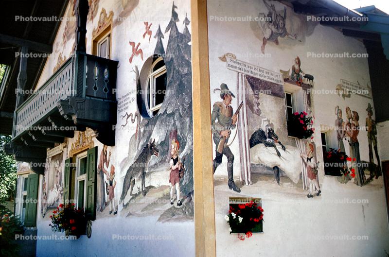Little Red Riding Hood house, Home, House, Painting, Fairytale, Oberammergau, Bavaria, Garmisch-Partenkirchen, L?ftlmalerei, Wall Art, Luftlmalerei, wall-painting