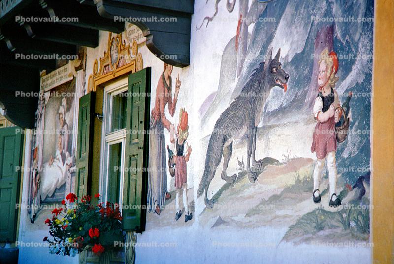 The Big Bad Wolf, Little Red Riding Hood, Home, House, Painting, Fairytale, Oberammergau, Bavaria, Garmisch-Partenkirchen, L?ftlmalerei, Wall Art, Luftlmalerei, wall-painting
