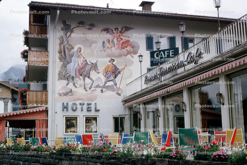 Mittenwald, L?ftlmalerei, Angels, Cafe, Hotel, Wall Art, Jesus rides on a Donkey, Luftlmalerei, wall-painting