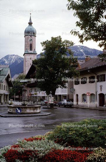 homes, buildings, flowers, trees, clock tower, church, Water Fountain, aquatics, Garmisch, Garmisch-Partenkirchen, Bavaria