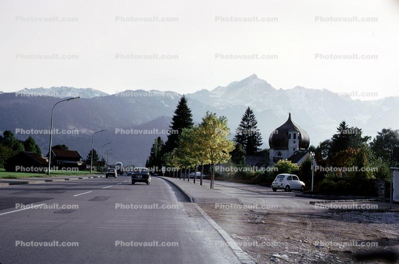 road, highway, mountains, cars, dome church, Garmisch, Garmisch-Partenkirchen, Bavaria