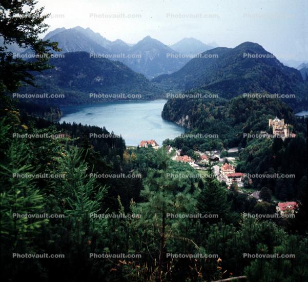 Hohenschwangau Village, on left, Schloss Hohenschwangau, on right, Bavaria, Castle, Alps, Alpsee Lake, Schwangau
