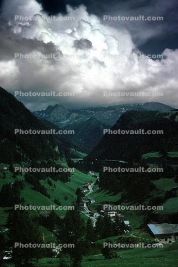 village, valley, town, forest, trees, nature, Clouds