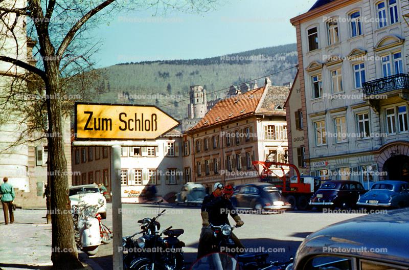 Zum Shloss, (to the castle), cars, vehicle, automobile, Heidelberg, 1950s