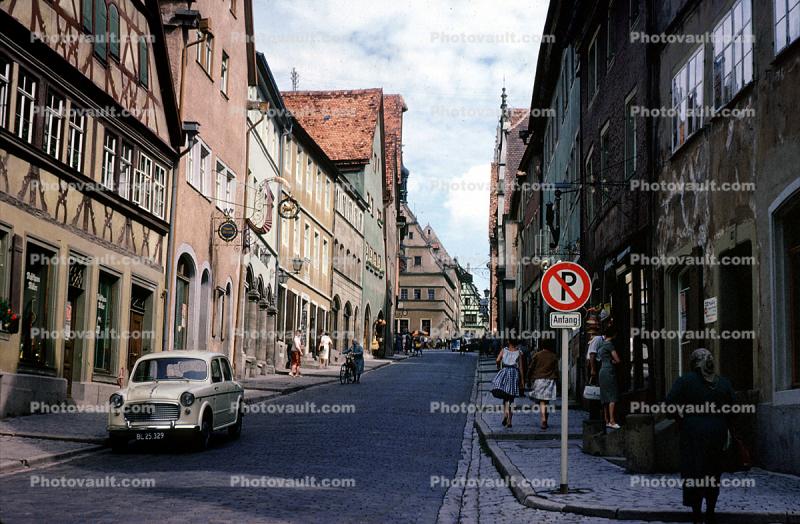 Car, Sidewalk, Rothenburg ob der Tauber, Curb, Bavaria, Middle Franconia, Ansbach, June 1962, 1960s