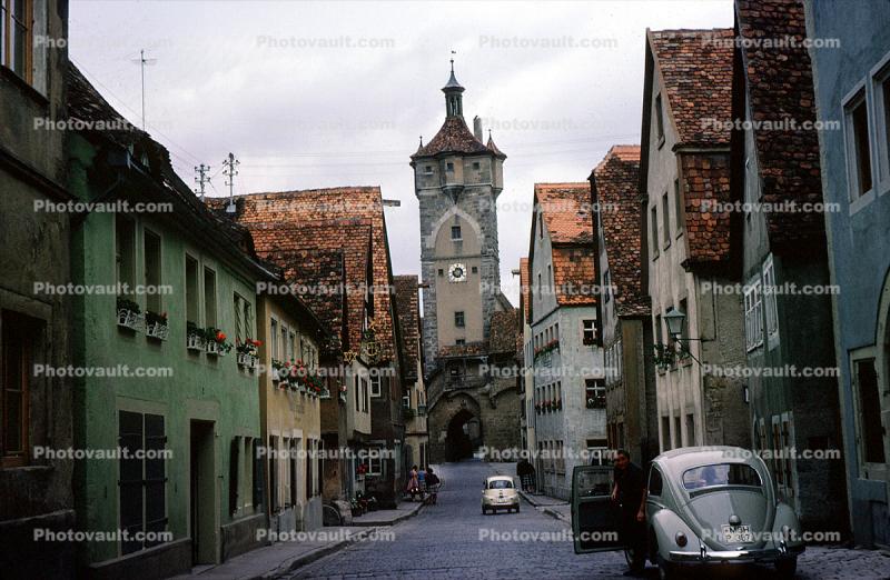 Clock Tower, Homes, Houses, Rothenburg ob der Tauber, Bavaria, Middle Franconia, Ansbach, June 1962, 1960s