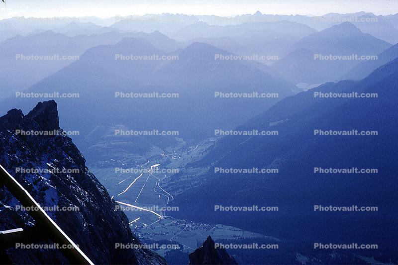 valley, mountains, smog, haze, smaze, Bavaria, Bavarian Alps, September 1970