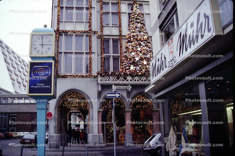 building, Christmas Tree, Clock, shops, stores, roman numerals