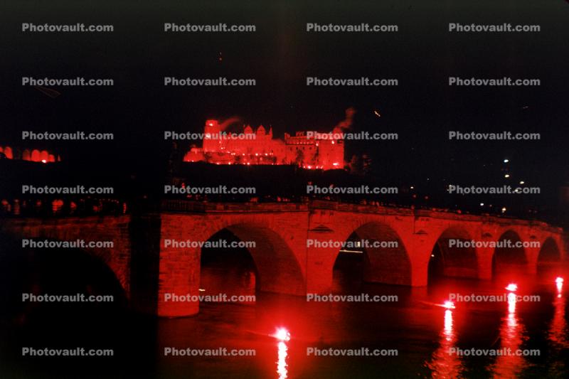 Nighttime, Karl Theodor Bridge, Alte Br?cke, Neckar River, Heidelberg Castle, Schloss, mountains