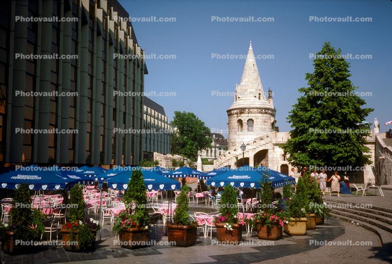 Fishermans Bastion, Outdoor Cafe, umbrellas, Parasol, Budapest, tower, landmark, Cone