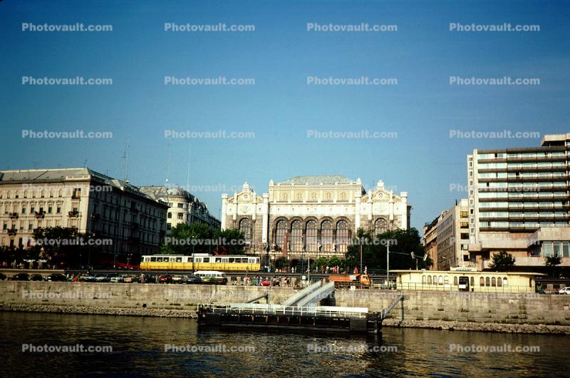 Trolley along the Danube River, palace, building, dock, seawall, wall, Budapest