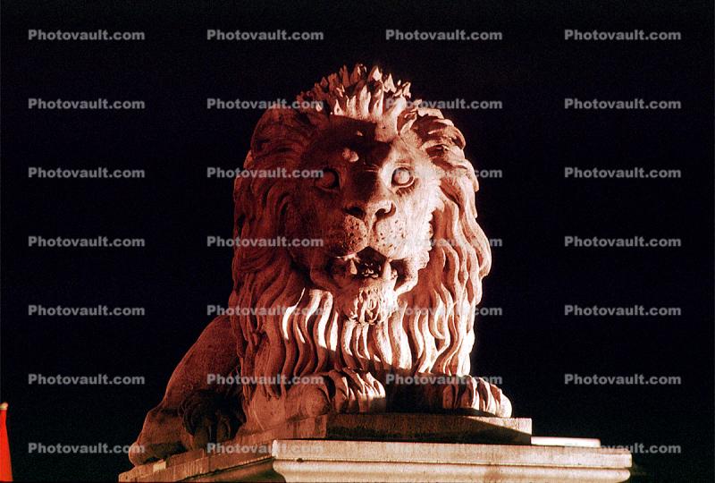 Lion Statue, Sz?chenyi Chain Bridge, Chain Suspension Bridge, Danube River, Budapest