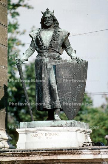 Karoly Robert, Sword, Shield, pedestal, crown, robe, Bronze Statue, Millennium Monument, Heroes Square, Budapest