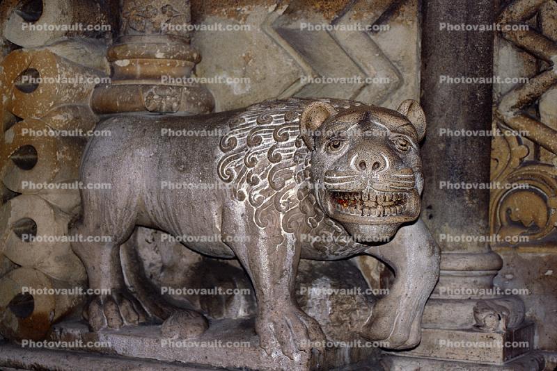 Stone Lion Statue Guards the Entrance to Jak Church, Budapest