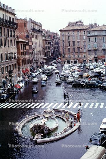 Fontana della Barcaccia, Piazza di Spagna, Water Fountain, aquatics, Parked Cars, Crosswalk, Building, rain