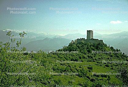 hill, mound, tower, mountains, castle, building, bucolic