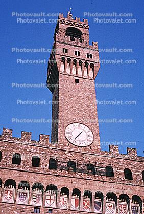 Bell tower of Palazzio Vecchio, Florence, roman numerals, outdoor clock, outside, exterior, building