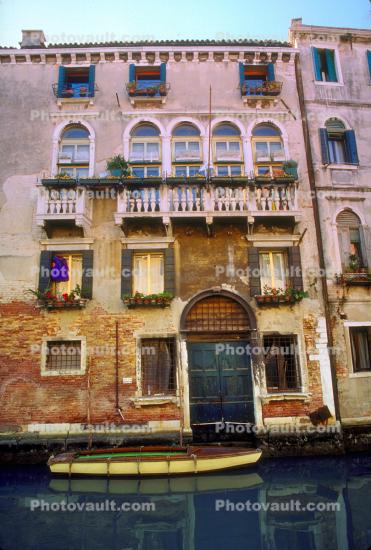 Boat Docked at Front Door, Residence Building, windows, Venice