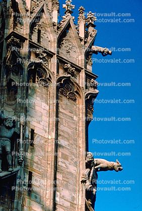 Gargoyles, guard dogs, werewolves, statues, Milan Cathedral, (Italian: Duomo di Milano)