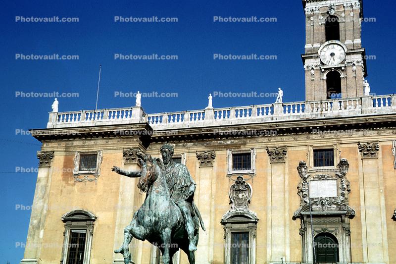 Capitoline Marcus Aurelius, Horse Statue, Clock Tower, Rome, Palace, Capitoline Hill Cordonata, Building