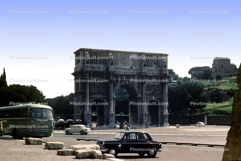 Arch of Constantine, cars, bus, roundabout, Rome, June 1961