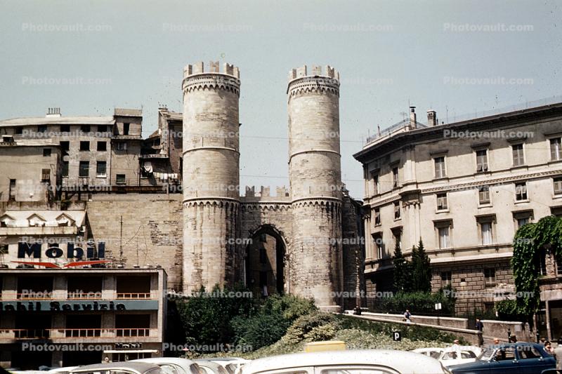 Old City Gate and Wall, Genoa, landmark, Turret, Tower, Castle, June 1961