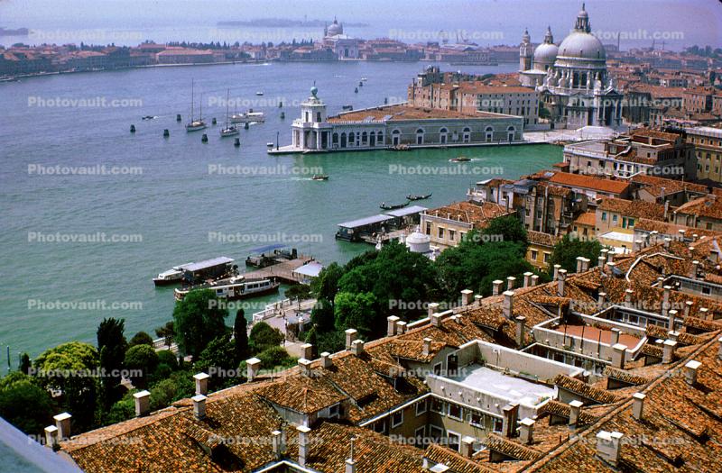 The Basilica of St Mary of Health, Santa Maria della Salute, Grand Canal, buildings, red rooftops, cathedral, ferry boats, July 1968, 1960s