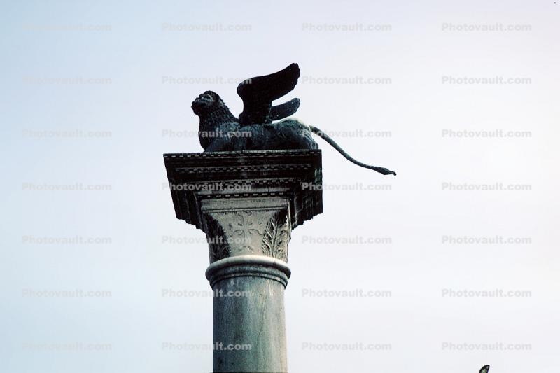 Flying Lion, Winged lion of Saint Mark standing on top of a column at the Piazzetta San Marco, July 1968, 1960s