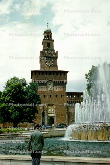 Sforzesco Castle Clock Tower, water fountain, 1950s