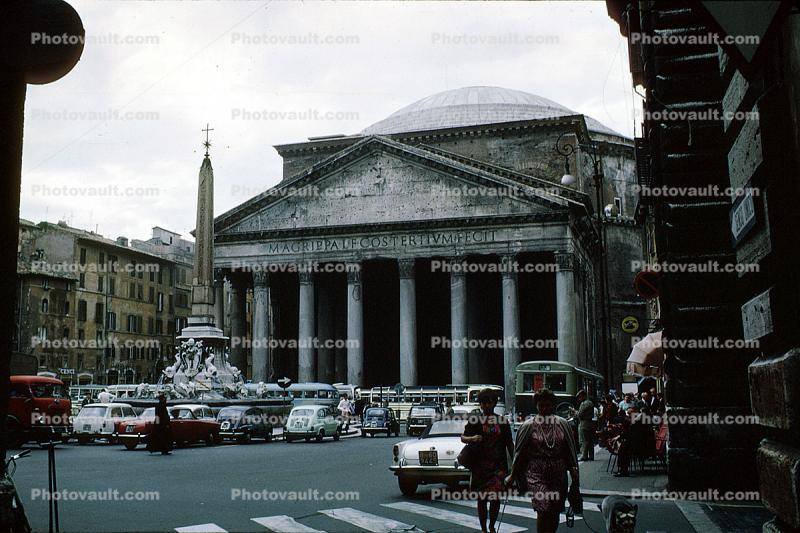 Pantheon, Obelisk, Water Fountain, aquatics, Parking, Cars, Crosswalk, 1950s