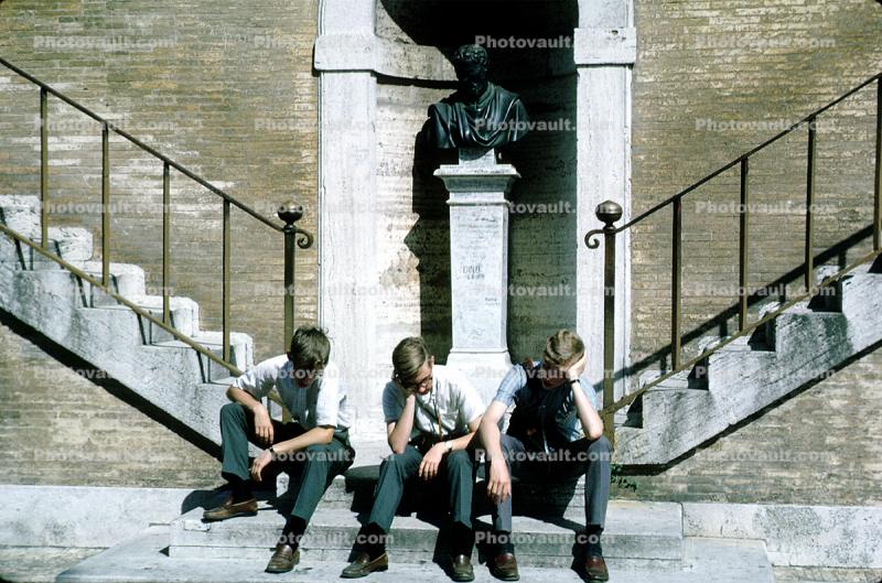 Three-Boys, Bored, Contemplative, Statue, Stairs, Bust