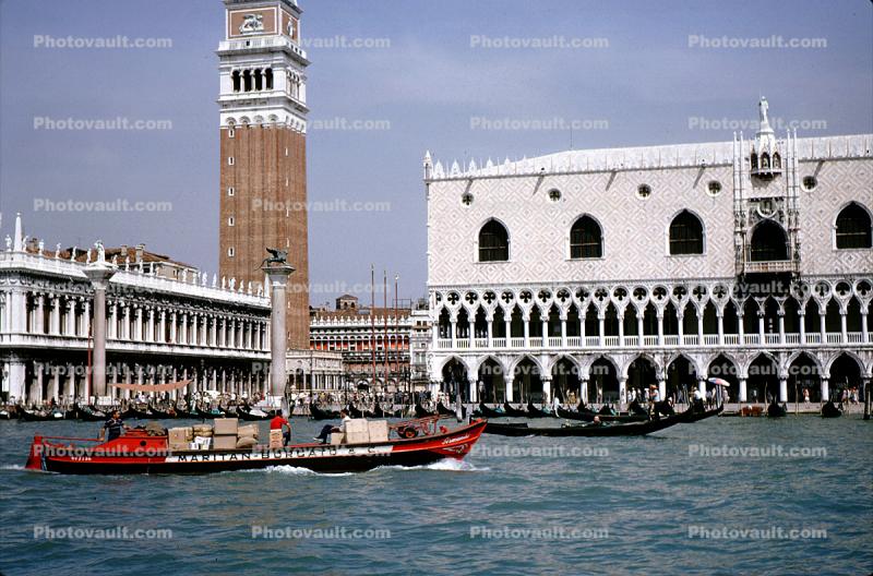Powered Cargo Boats, Gondola, Campanile, Grand Canal, Doge's Palace, Bell Tower, Waterway