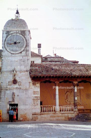 Town Clock Tower, Town Loggia, John Paul II Square, Town Hall & Saint Sebastian?s Church, Trogir, Slovenia, outdoor clock, outside, exterior, building