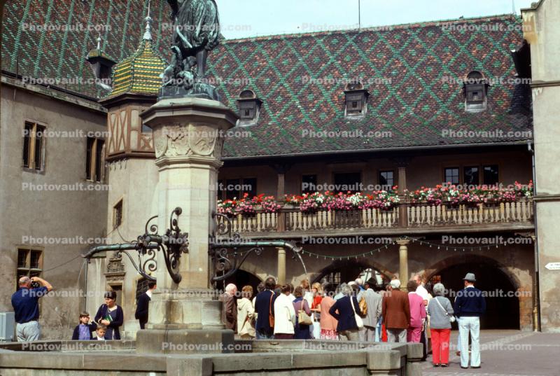 Tourists in a Courtyard, Building, Roof, Water Fountain