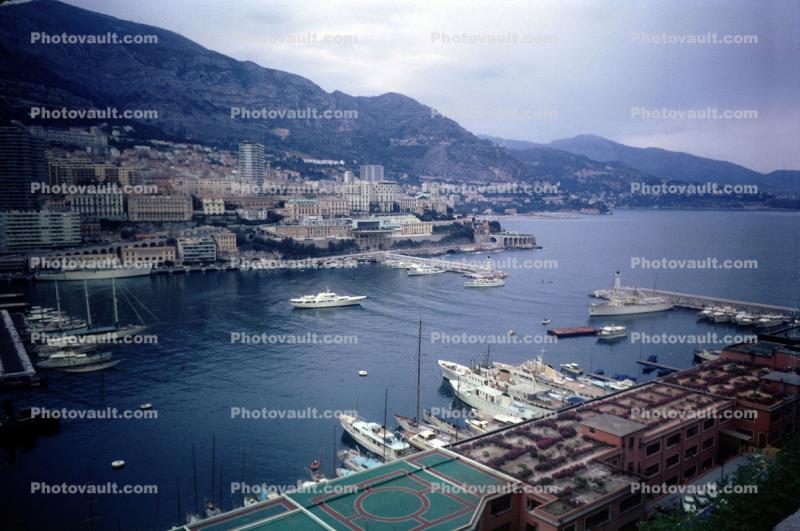 Harbor, Twin Lighthouses Harbor Entrance, square, buildings, skyline, boats, shore, coast, coastline, Monaco, Mediterranean Sea, 1950s