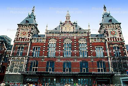 Amsterdam Central Station, Centraal Station, Building, Brick, Red, Clock Towers, Amsterdam