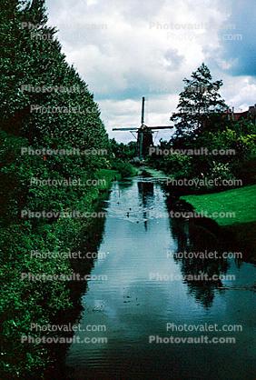 Windmill, Canal, Waterway, Trees, Reflection, 1950s