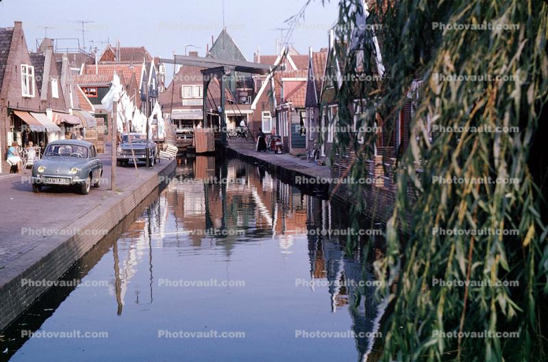 Canal, Waterway, Car, Reflection, Volendam